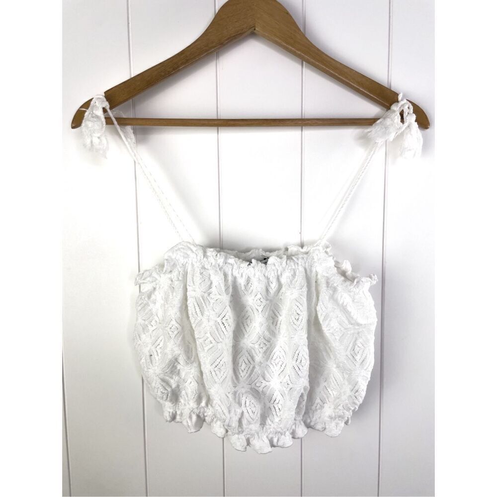 Zara White Boho Summer Lace Elastic Top With Tassel Shoulder Ties‎ Size M